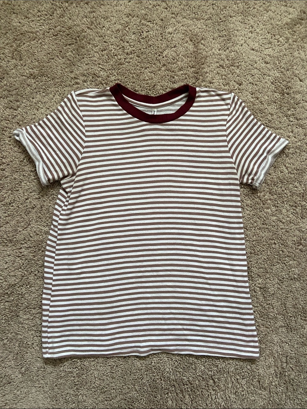 Tresics Striped Ringer Tee White Brown Burgundy Trim Short Sleeve Size S